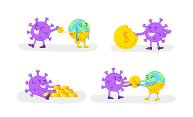 Coronavirus covid-19 economic crisis concept - angry virus stealing gold coin or money from sad planet Earth, evil bacterium and upset globe - funny flat cartoon character spot illustration vector set