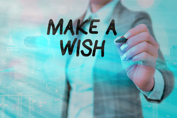 Writing note showing Make A Wish. Business concept for to desire a situation that is different from the one that exist