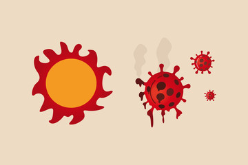 Summer sun light kill and reduce infection rate of Coronavirus COVID-19 outbreak crisis concept, Red heat hot sun shinning and burn to melt COVID-19 Coronavirus pathogen