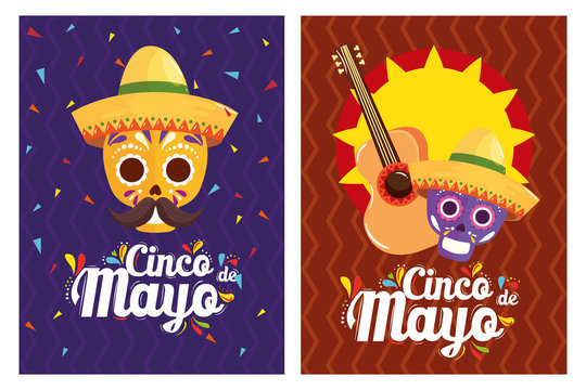 Mexican skulls with hats and guitar design, Cinco de mayo mexico culture tourism landmark latin and party theme Vector illustration