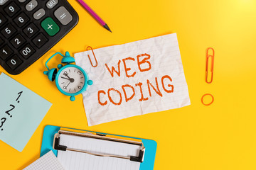 Word writing text Web Coding. Business photo showcasing work involved in developing a web site for the Internet Clock clips crushed note calculator pencil clipboard band color background