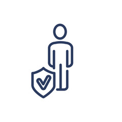 Silhouette of person thin line icon. Shield with checkmark in front of human isolated outline sign. Life insurance concept. Vector illustration symbol element for web design and apps