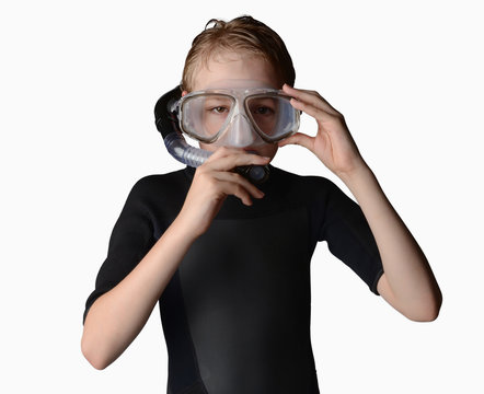 Young Snorkel Boy In Wetsuit In Studio