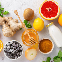 Set vegetables and fruits to boost immune system. Healthy products for Immunity boosting top view