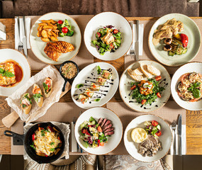 Christmas banquet  with many dishes, top view