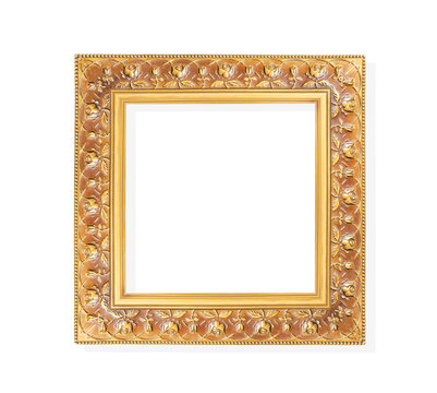 Gold picture frame with carving in rose flower patterns isolated on white background , clipping path