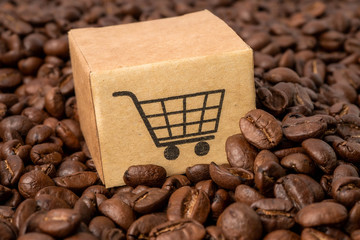Box with shopping cart logo symbol on coffee beans  : Import Export Shopping online or eCommerce...
