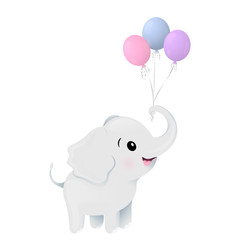 Cute baby elephant holds balloons. Vector illustration for children. Design for print of clothes, books for children, cards, covers and fabric.