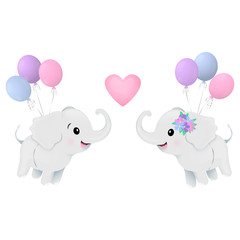 Two elephants in love fly towards each other on balloons. Vector illustration for children. Design for print of clothes, books for children, cards, covers and fabric.
