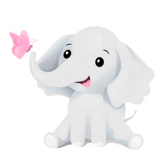 Cute baby elephant and pink butterfly. Vector illustration for children. Design for print of clothes, books for children, cards, covers and fabric.