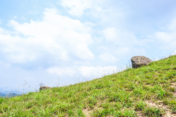 Peaceful greenland, blue sky, and white cloud in the countryside of Hong Kong