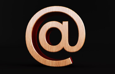 Fototapeta premium 3D rendering of wooden At sign isolated on black background. arobase