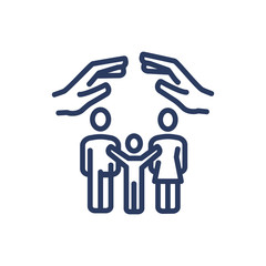Hands protecting family thin line icon. Insurance and family protection concept. Mother, father and child isolated outline sign. Vector illustration symbol element for web design and apps