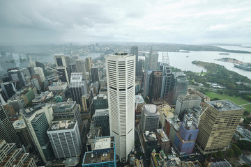Overlooking Sydney CBD from tall viewing deck on grey sky overcast cloudy day