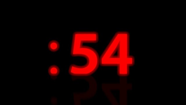 Red bright glowing countdown timer from 60 to 0 seconds. Black background. High quality 3d animation.