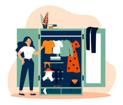 Woman Standing Near Opened Closet And Looking At Dresses Flat Vector Illustration. Pile Of Clothes Laying In Wardrobe. Organization And Arrangement Concept.