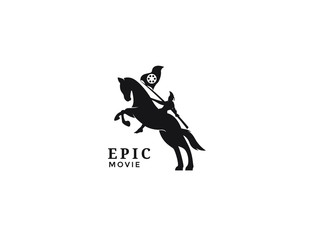 Horseback Knight Silhouette, Horse Warrior Paladin Medieval logo design with movie film cinema