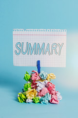 Writing note showing Summary. Business concept for a brief statement or account of the main points...