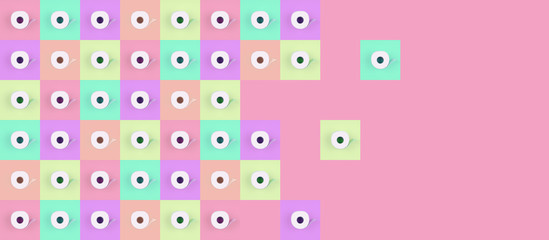 Pattern of toilet paper rolls on pastel multicolor tiles. Social distancing, shopping, options concept, bright colors, optimistic multipurpose drop. Banner format background with place for text