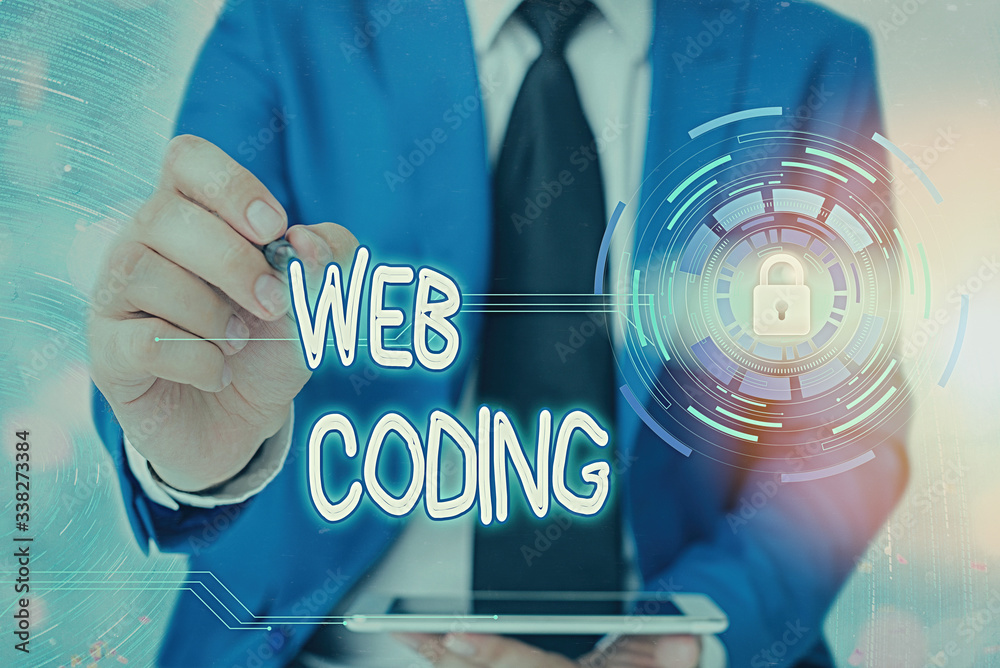 Poster word writing text web coding. business photo showcasing work involved in developing a web site for t