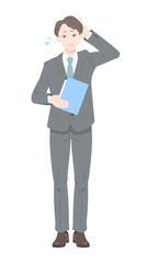 困る　ポーズ　書類　ビジネス　スーツ　男性　全身