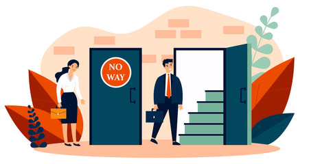 Woman standing near closed door and man going into open one flat vector illustration. Social inequality making obstacles for work and business growth. Social problem and woman discrimination concept
