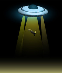 alien spaceship. A flying saucer abducts a person at night. Illustration, vector