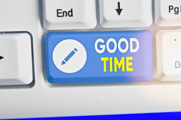 Conceptual hand writing showing Good Time. Concept meaning the right moment to do something or for...