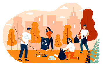 Happy volunteers collecting garbage in city park flat vector illustration. People cleaning environment nature in team. Ecology and clean planet concept