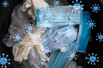 Used hygienic mask and medical glove the trash bin,infectious waste, prevented virus covid-19 by...