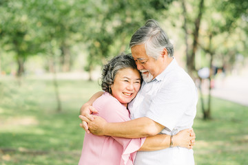 Fototapeta premium Happy smile senior Asian couple enjoying quality time together and holding each other in the park.