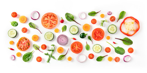 Fresh summer vegetable panorama, a flat lay on a white background, vibrant food pattern, shot from the top