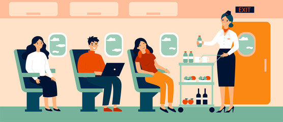 Passengers in air trip waiting for beverage flat vector illustration. Business class travelers sitting near airplane window. People travelling by plane. Airline, tourism and journey concept