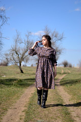 Beautiful long-haired brunette in the style of 