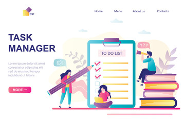 Task manager landing page template. Time management, business persons planning work and check schedule.