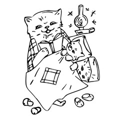 Coloring page. Mom cat reads a book to kittens at night. Two kittens are lying under a blanket.