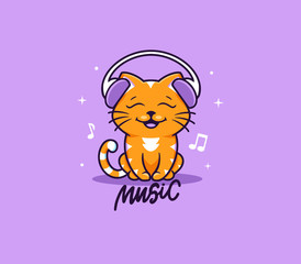 A little cat, logo with text Music. Funny kitty cartoon character, logotype, badge, sticker, emblem on purple background isolated. Vector illustration, flat, line art style, creative design