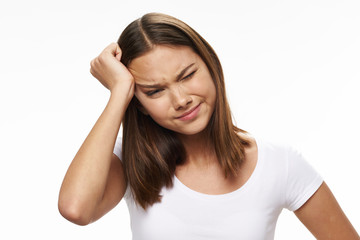 Fototapeta premium young woman with headache isolated on white