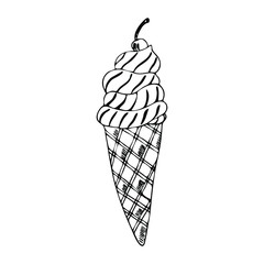 Hand drawn ice cream in the cone. Vector illustration isolated on white background