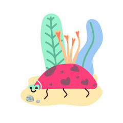 Cute red ladybug with hearts on her back. Flat drawn vector illustration.