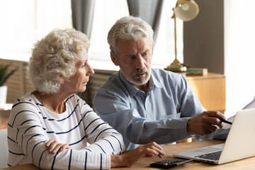 Serious older couple using laptop, planning budget, checking bills together, mature woman using calculator, senior man pointing at computer screen, discussing bank debt or loan payment