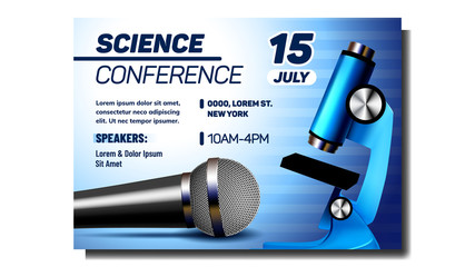 Science Conference Creative Promo Poster Vector. Modern Microphone And Microscope, Info Text Of Conference Date, Time, Place And Speakers Names. Concept Layout Realistic 3d Illustration