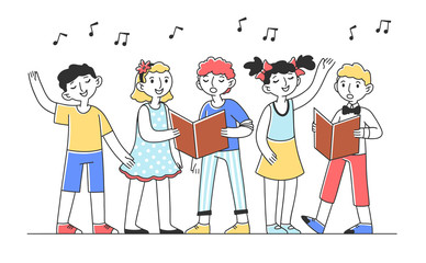 Kids choir singing cheerful song flat vector illustration. Group of children singing together in church. Activity and friendship concept