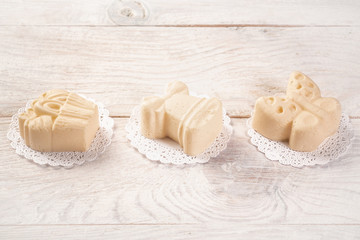 Fresh butter blocks on a farm. Rustic still-life