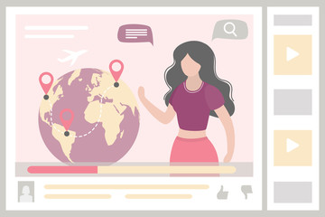 Beauty woman blogger talks about flights and travels. Travel blog page template. Video story for social networks.