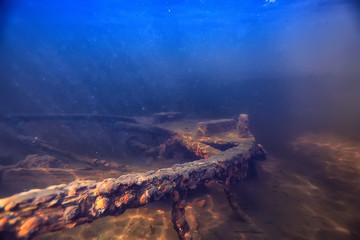 sunken boat underwater landscape, shipwreck diving, search adventure