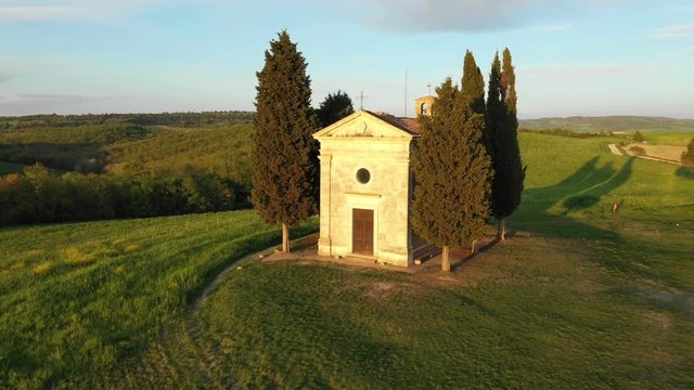Capella Di Vitaleta in Tuscany. Aerial View. Tuscany Landscape With Cypresses.