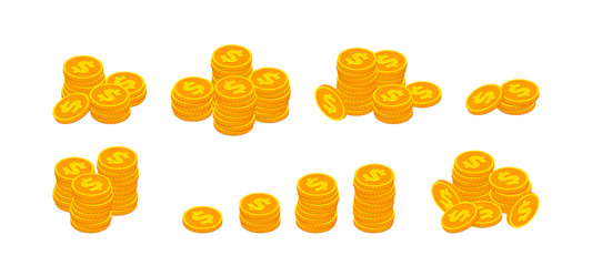 Isometric gold coins with dollar sign stack set. 3d pile of golden money cash symbol collection isolated on white. Banking, business, financial concept for web, apps, infographics. Vector illustration