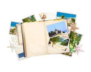 Vintage travel background with retro photos and book