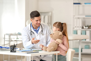 Pediatrician showing little girl how to use thermometer in clinic